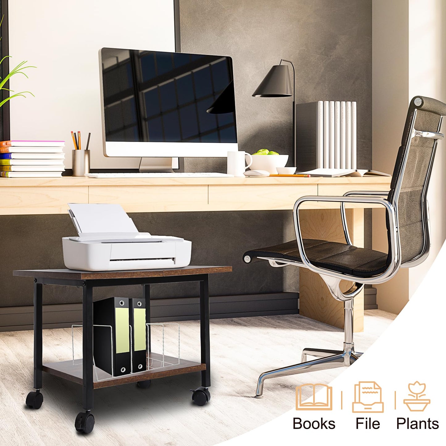 RANXFLOAT Printer Stand, Under Desk Printer Table with Wheels, 2 Tier Industrial Mobile Printer Table with Storage Shelf, Rolling Printer Cart Holder for Home, Office, Rustic Brown and Black