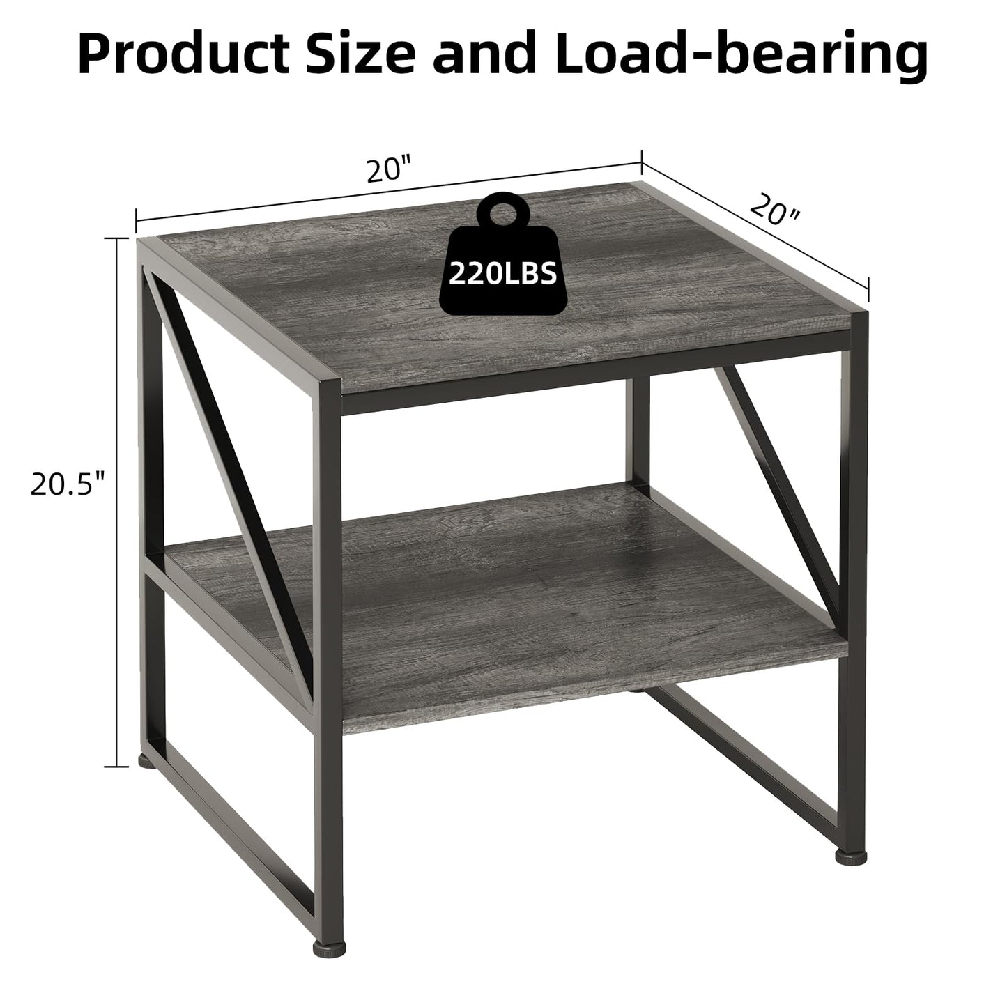 Mexin 20 Inch Square End Table, Mini Fridge Stand with 2-Tier Storage Shelf, High Load Capacity Side Table for Living Room Bedroom, Grey Oak