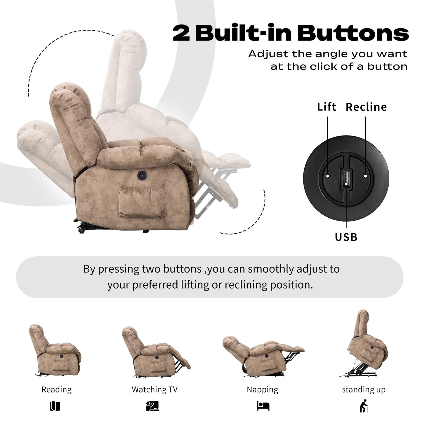 CANMOV Power Lift Recliner Chair for Elderly, Heavy Duty and Safety Motion Reclining Mechanism-Antiskid Fabric Sofa Living Room Chair with Overstuffed Design, Light Tan