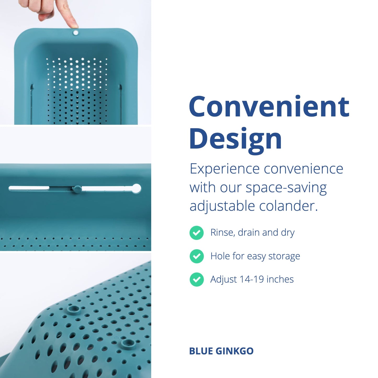 BLUE GINKGO Over the Sink Colander Strainer Basket - Wash Vegetables and Fruits, Drain Cooked Pasta and Dry Dishes - Extendable - New Home Kitchen Essentials (7.9 W x 14.5-19.5 L x 2.75 H) - Teal