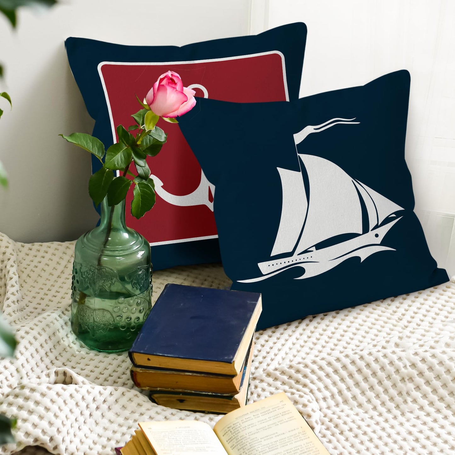 HUYAW Navy Blue Nautical Ocean Boat Anchor Throw Pillow Covers, Ship Nautical Gifts, Boat Pillow Cases 18 x 18 Inch Home Ship Sofa Decor Set of 4