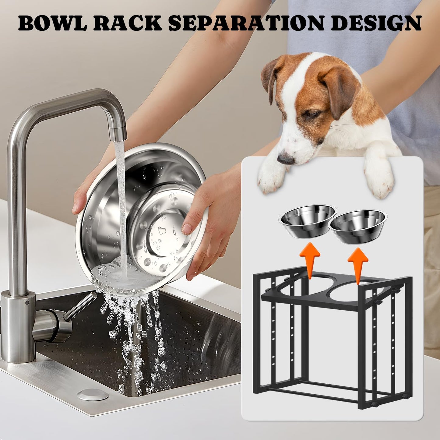 Elevated Metal Dog Bowls for Medium Breed: 4 Height-Adjustable Raised Dog Bowl Feeder Station with 2 Stainless Steel Bowls, Black