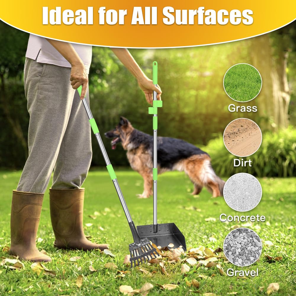 TOOGE Larger Pooper Scooper, Dog Pooper Scooper for Large Medium Small Dogs Heavy Duty Long Handle Metal Tray Rake Shovel Set for Yard Grass