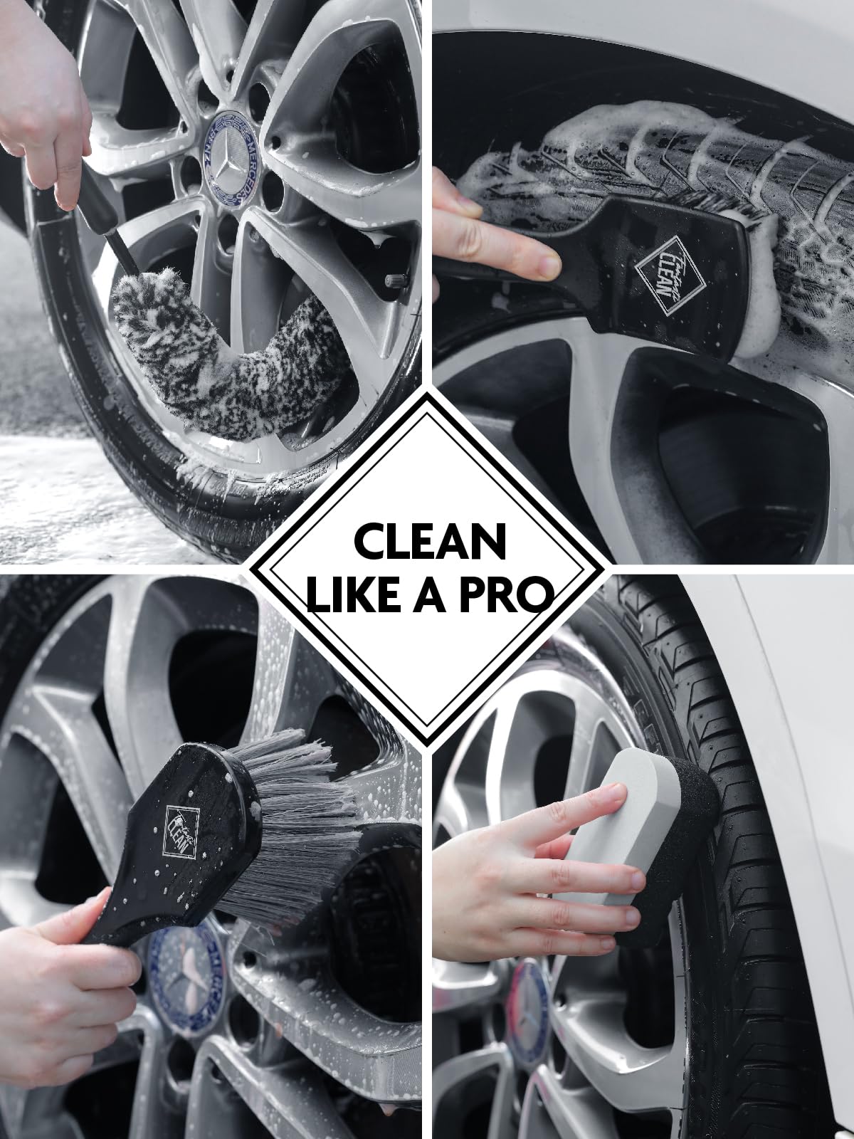 Fantasticlean 7PCS Car Wheel Cleaning Pro Kit, Tire Brush, Soft-bristled Rims Brush, Microfiber Flat Wheel Brush, Double-Ended Detailing Brush, Detailing Pads, Scratch-Free & Multipurpose