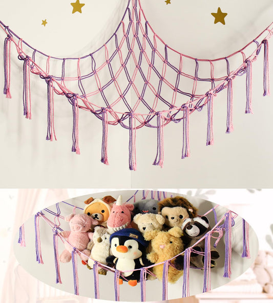 Stuffed Animal Storage Hammock or Net Corner - Large Toy Hammock Net for Stuffed Animals Room Decor - Cute Stuff Animal Organizer Plush Holder - Kids Baby Nursery Essentials Wall Bedroom Home Decor
