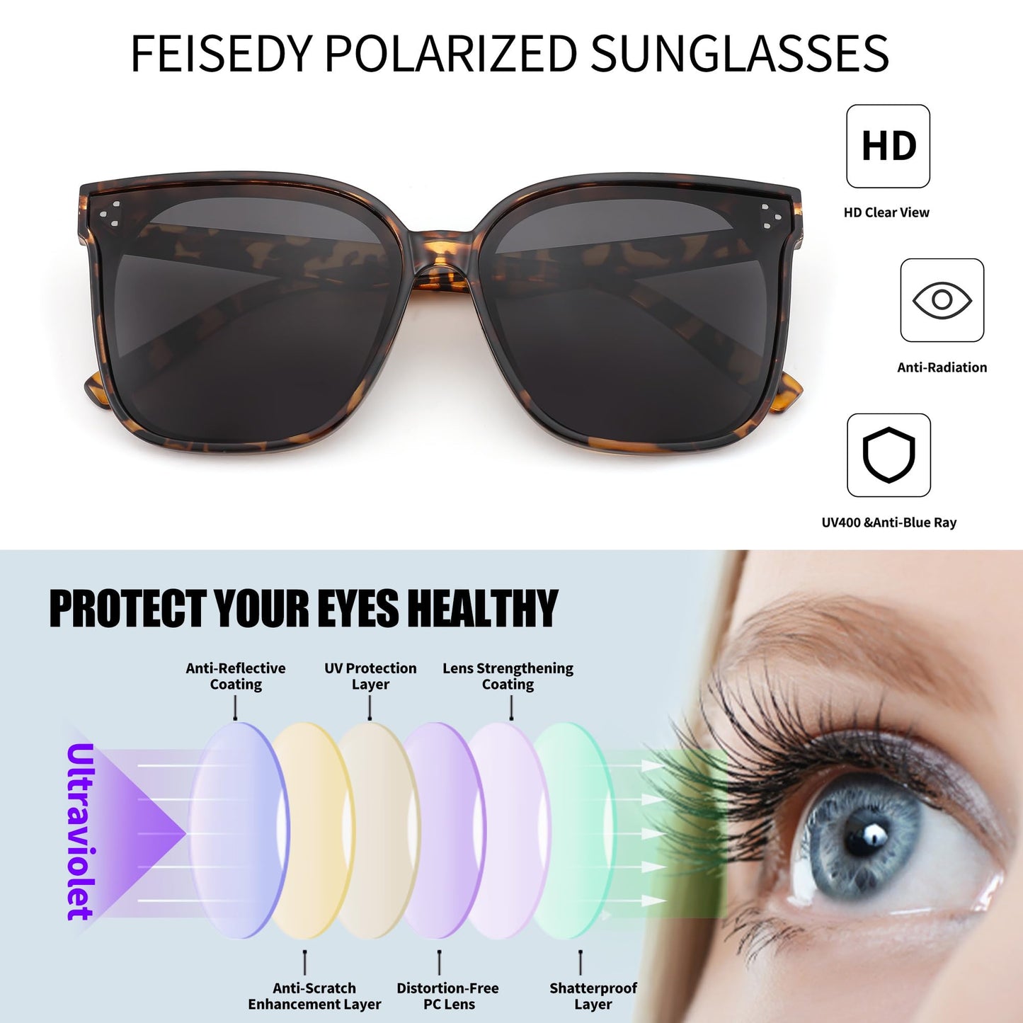 FEISEDY Oversized Polarized Sunglasses - UV400 Protection, Square Fashion Sun Glasses for Outdoor & Daily B2600 Camouflage