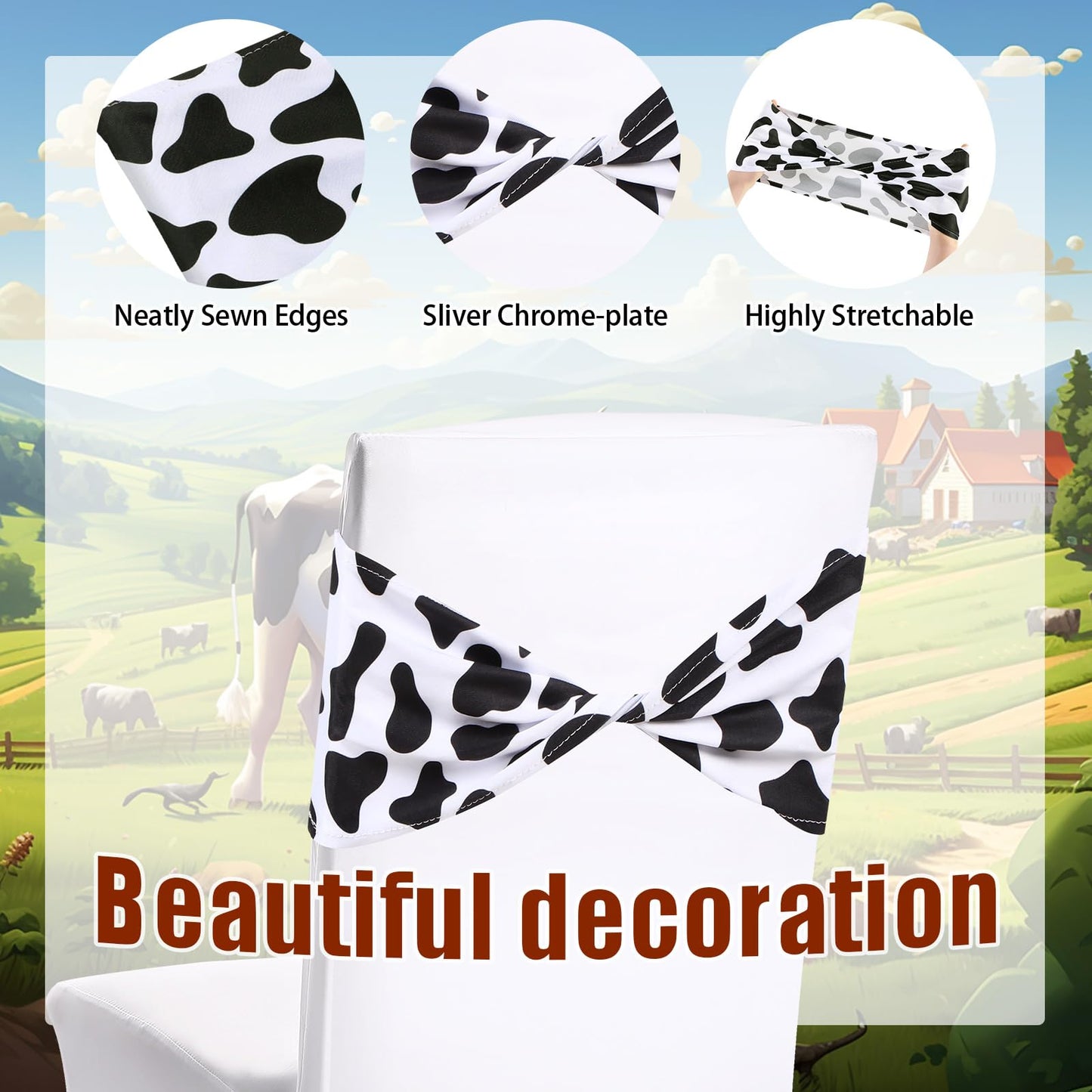 Newwiee 36 Pcs Cow Stripe Chair Sashes Spandex Cow Chair Bands Animal Print Elastic Chairs Sashes Bow Polyester Bands Ties Without Buckle for Animal Safari Jungle Theme Party Birthday Decor