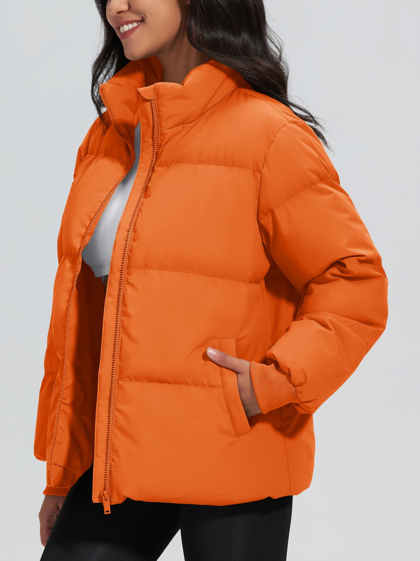 MAGCOMSEN Down Jacket Women Quilted Long Sleeve Puffer Coat Water-resistant Warm Outerwear with Pockets Orange L