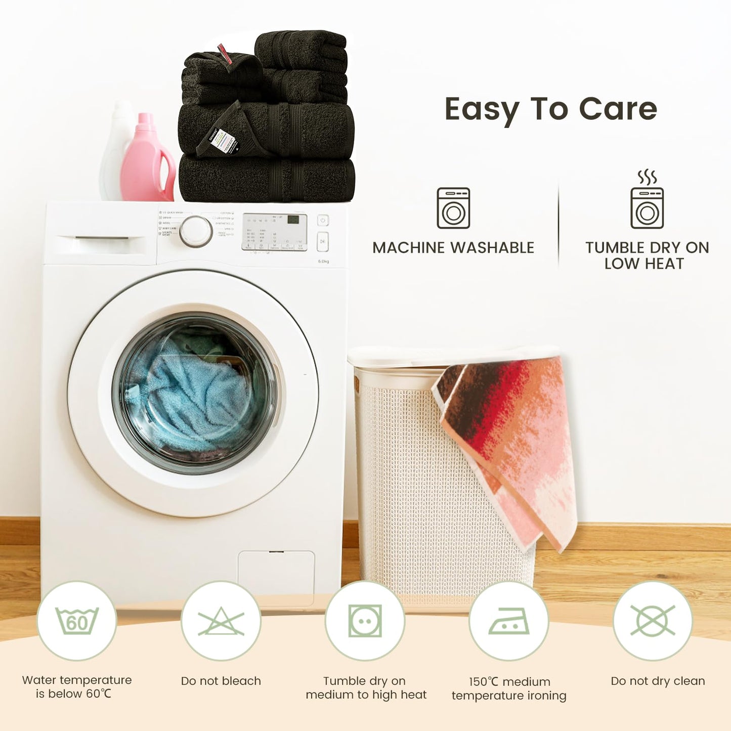 SEMAXE Solid 6-Piece Towel Set, Black, 600GSM 100% Cotton, 2 Each of Bath Towel, Hand Towel, and Washcloths, Gift Box Packaging, Hanging Loop Design