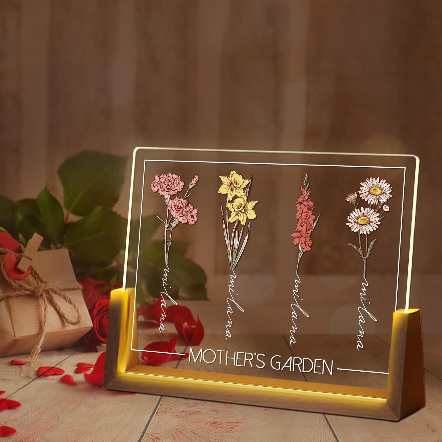 Mother's Day Birthday Gifts for Mom, Customized Birth Month Flower Mothers Garden with Acrylic LED Night Light, Custom Walnut Picture Frame for Mom Wife Mother's Day Birthday Gifts from Daughter