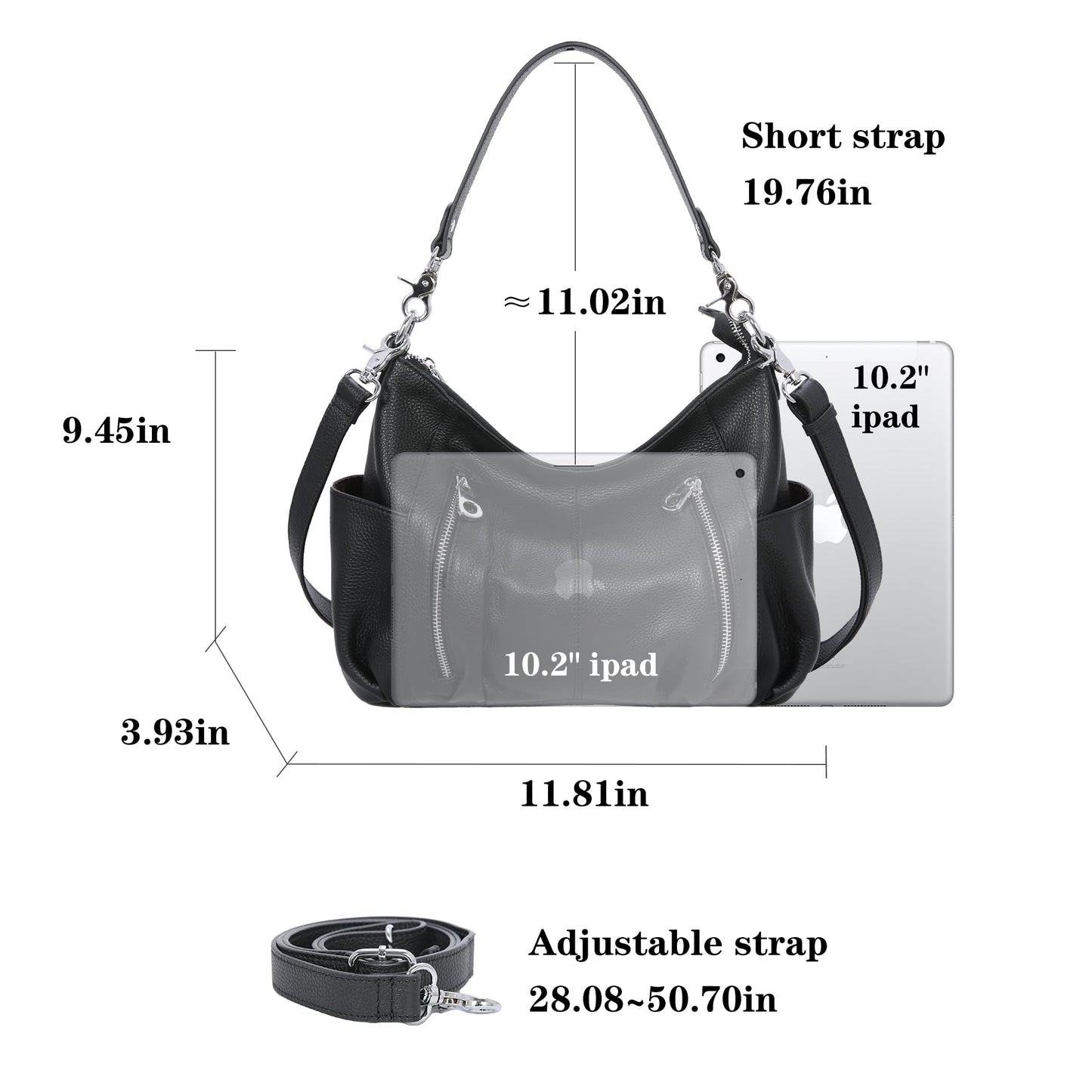 HESHE Genuine Leather Purses for Women Shoulder Hobo Bag Crossbody Satchel Handbags Designer Ladies Totes Purse(Black)