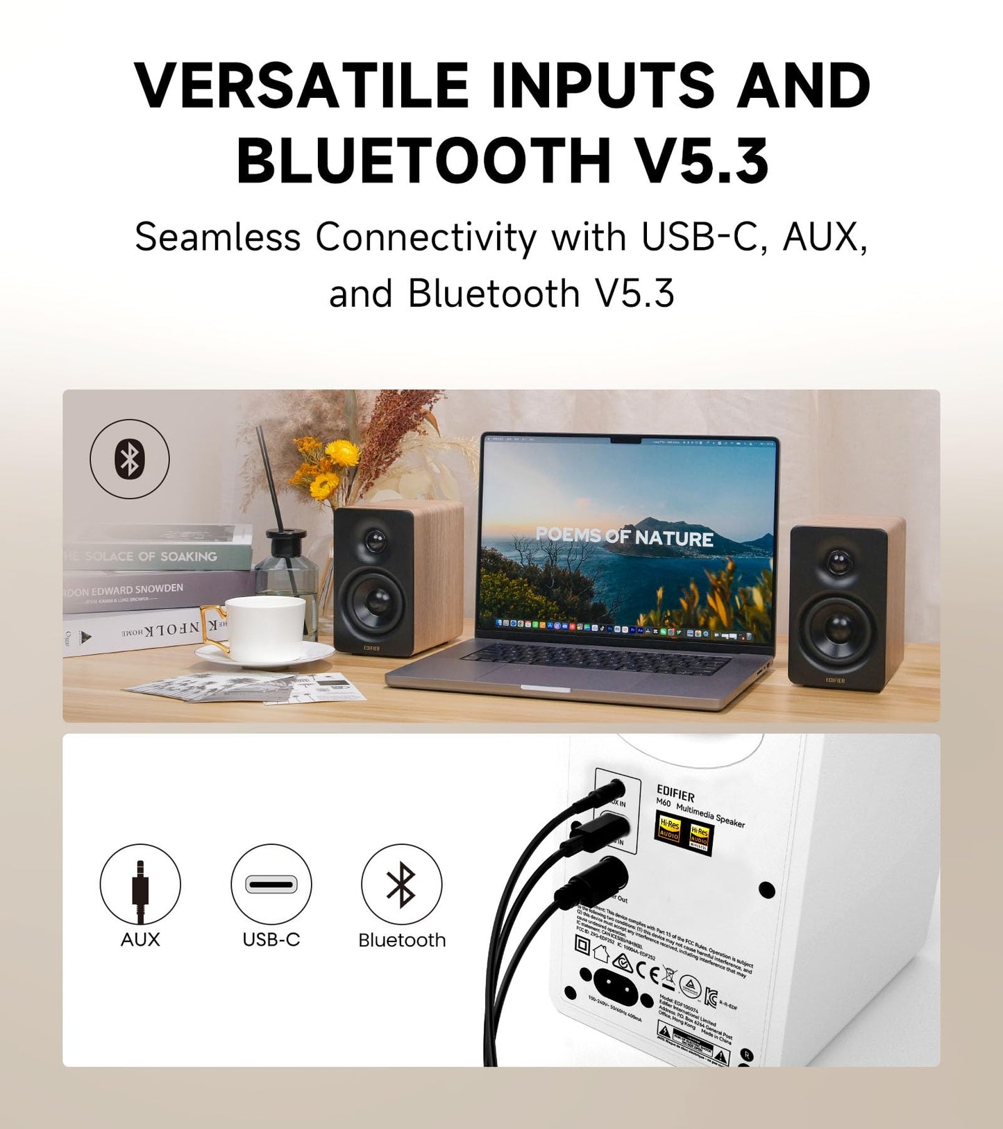 Edifier M60 Multimedia Speaker Bluetooth 5.3, 66W RMS, Hi-Res Audio & Hi-Res Wireless Audio, LDAC,3" Mid Bass & 1" Tweeter, USB-C & Aux Inputs, Compact Desktop Speaker – Classic Oak