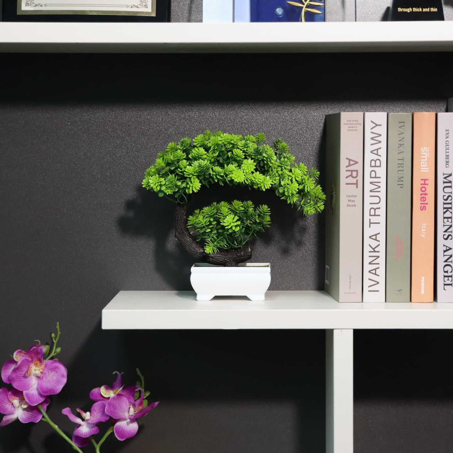 yoerm Small Artificial Plants Greenery Desktop Bonsai - Green Plastic Fake Plants for Home Decor, Indoor Bookshelf, Office Desk and Bathroom Room Decor, Tall 8.5"