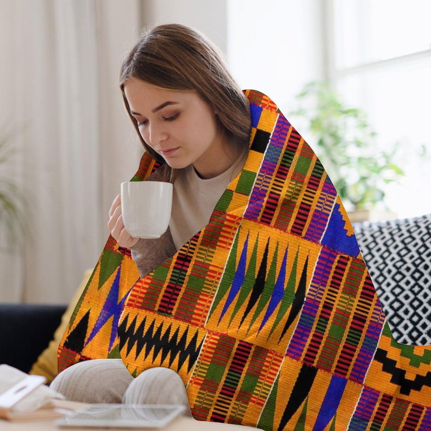 African Tribal Ethnic Kente Print Fleece Blanket, Soft Cozy Throw Blanket 50x60 Inches, Lightweight Fuzzy Comfy Flannel Blanket Warm Plush Throw Blankets for Couch, Sofa, Bed