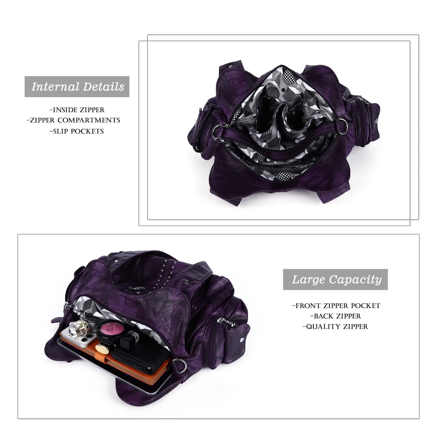 Angel Kiss Women's Soft PU Leather Large Hobo Handbag for Ladies Purse, Purple