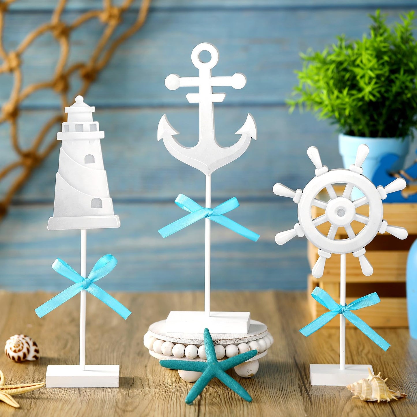 Seeloowy 3 Pcs Summer Nautical Wood Table Decor Anchor, Lighthouse, Ship Wheel Standing Centerpiece Rustic Coastal Farmhouse Beach Ocean Table Topper Sign for Home Kitchen Party