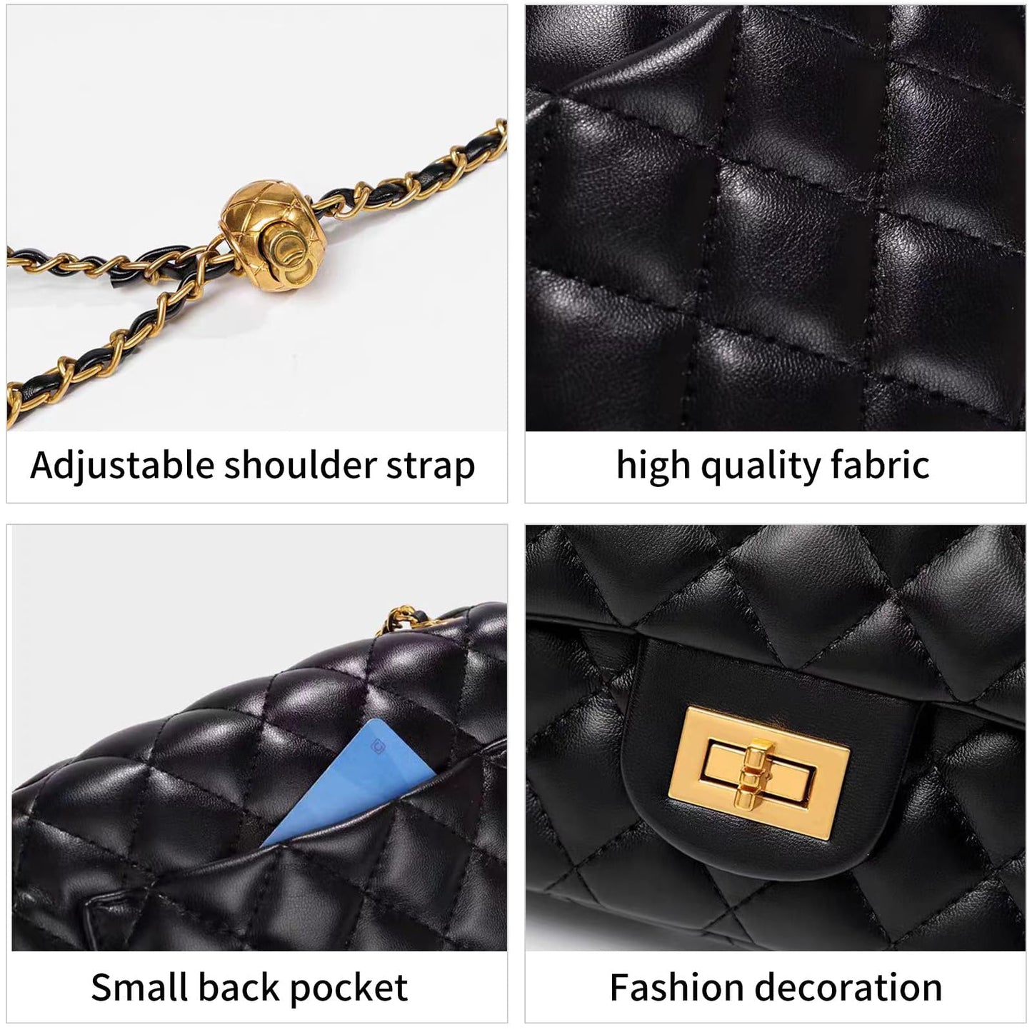 DOTBABY Diamond Chain Shoulder Crossbody Bag, Fashionable Women's Leather Tote Handbag, Adjustable Straps,Buckle Opening Bag (Black)