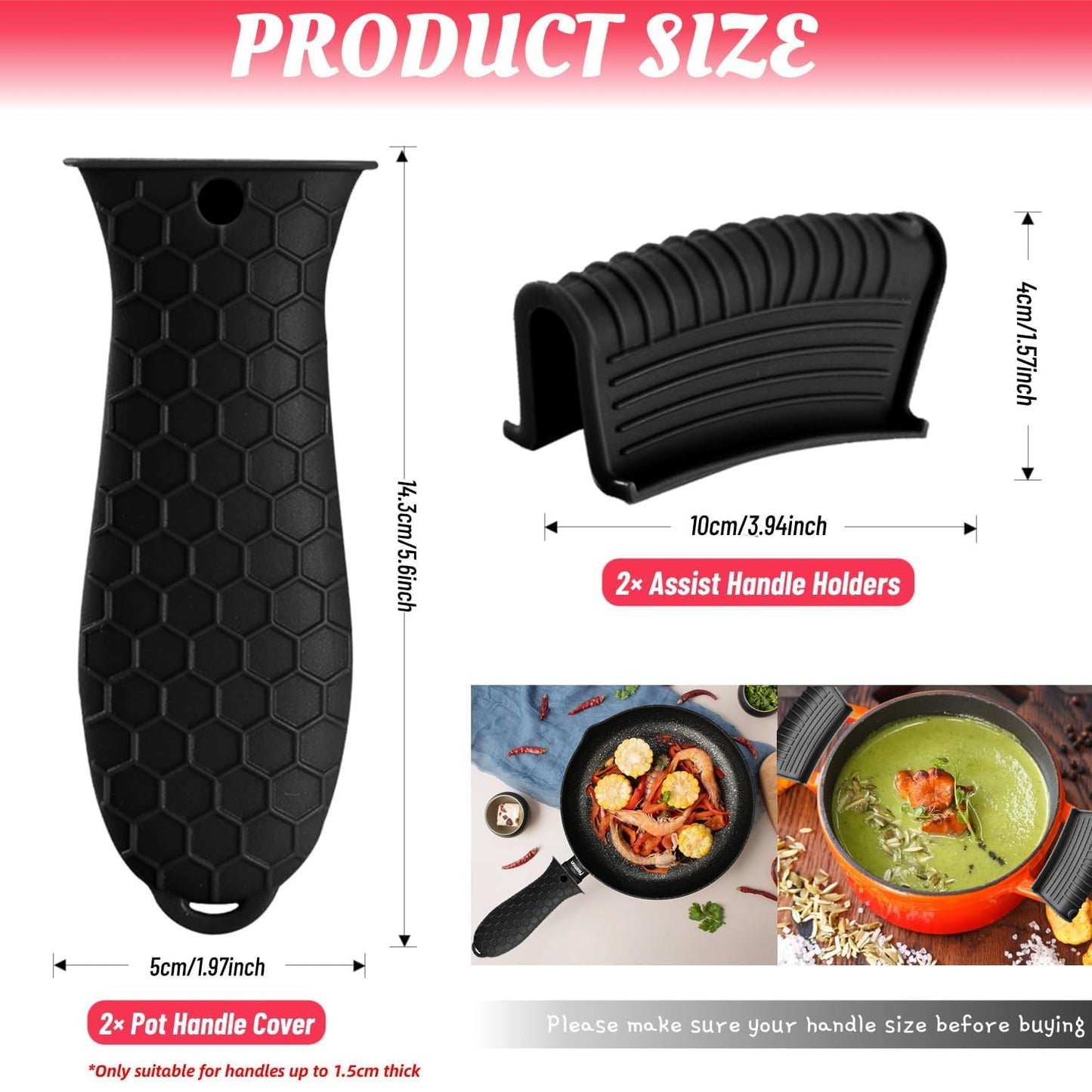 4 Pack Silicone Hot Handle Holder Cover Cast Iron Handle Cover Silicone Pot Holders Heat Resistant Assist Pan Handle Sleeve Non-Slip Pot Handle Covers for Cast Iron Skillet Metal Pan(Black)