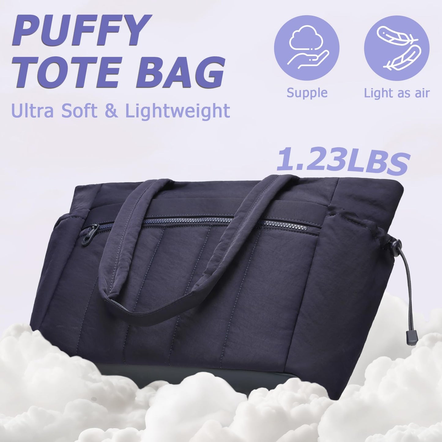 Tote Bag for Women, Lightweight Puffer Tote Bag with Compartments, Quilted Shoulder Bag Handbag with Zipper for Work Blue (2 Pack)