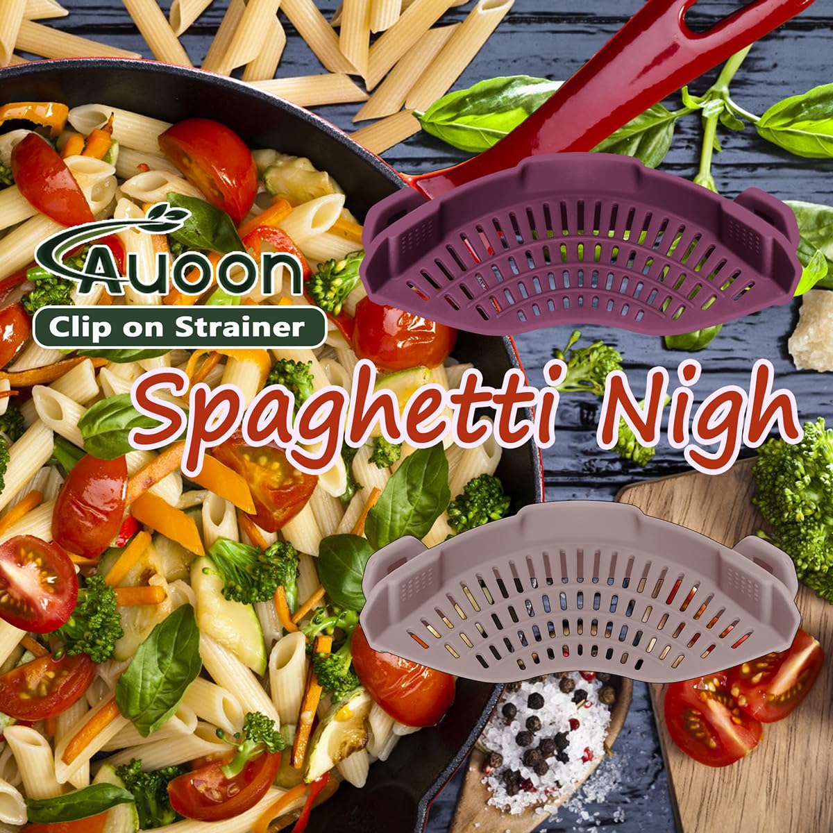 AUOON Clip on Strainer for Pots and Pans - Silicone Food Strainer for Draining Pasta, Spaghetti, Noodles, Fruits, Vegetables, Grease, Ground Beef (Almond Rose)