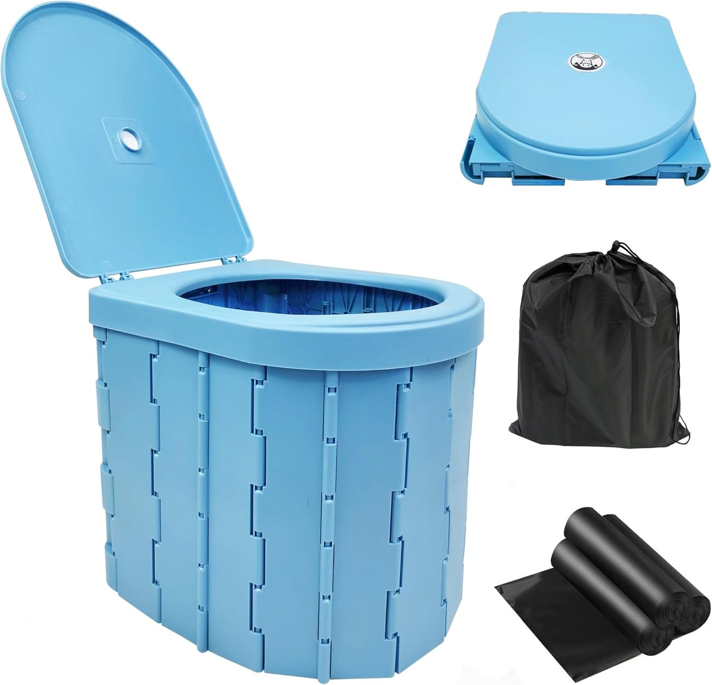 Upgrade Portable Foldable Toilet, Outdoor Toilet for Camping Hygiene & Sanitation, Emergency Potty for Truck Travel Hiking Fishing Long Trip, Floding Toilet with lid, storage bag, and 15 pc trash bags