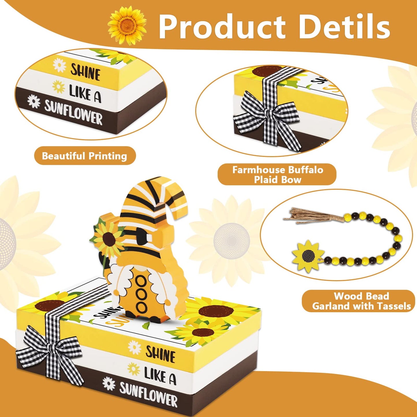 5 Pieces Sunflower Tiered Tray Decor Summer Wood Table Sign Rustic Book Stack with Gnome Wood Bead Tassels Summer Wooden Tabletop Centerpiece Shelf Decoration for Farmhouse Decor