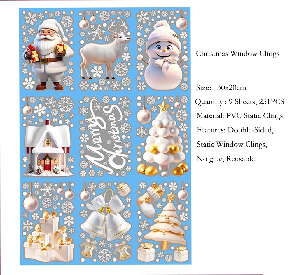 LONGTEN Christmas Windows Static Stickers Clings Santa Claus Snowman Deer Snowflake Removable Vinyl Christmas Tree DIY Wall Window Door Mural Decal Sticker for Showcase