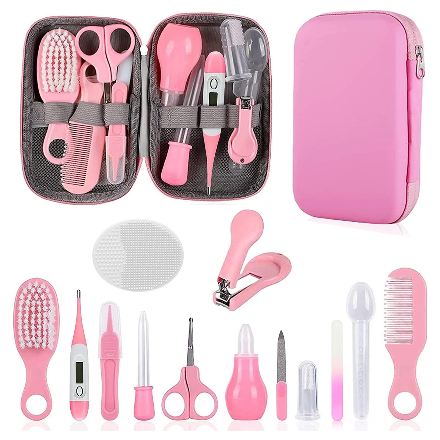 Baby Grooming Kit, Infant Safety Care Set with Hair Brush Comb Nail Clipper Nasal Aspirator,Baby Essentials Kit for Newborn Girls Boys (Pink Baby Grooming kit)