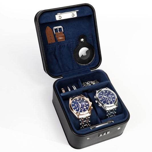 KAMIER Watch Travel Case with Combination Lock - 2 Watch Storage and Jewelry Organizer - Watch Case for Ring and Watch Storage, PU Leather Travel Watch Case, Ideal for Gift (With Gift Box) (Black)