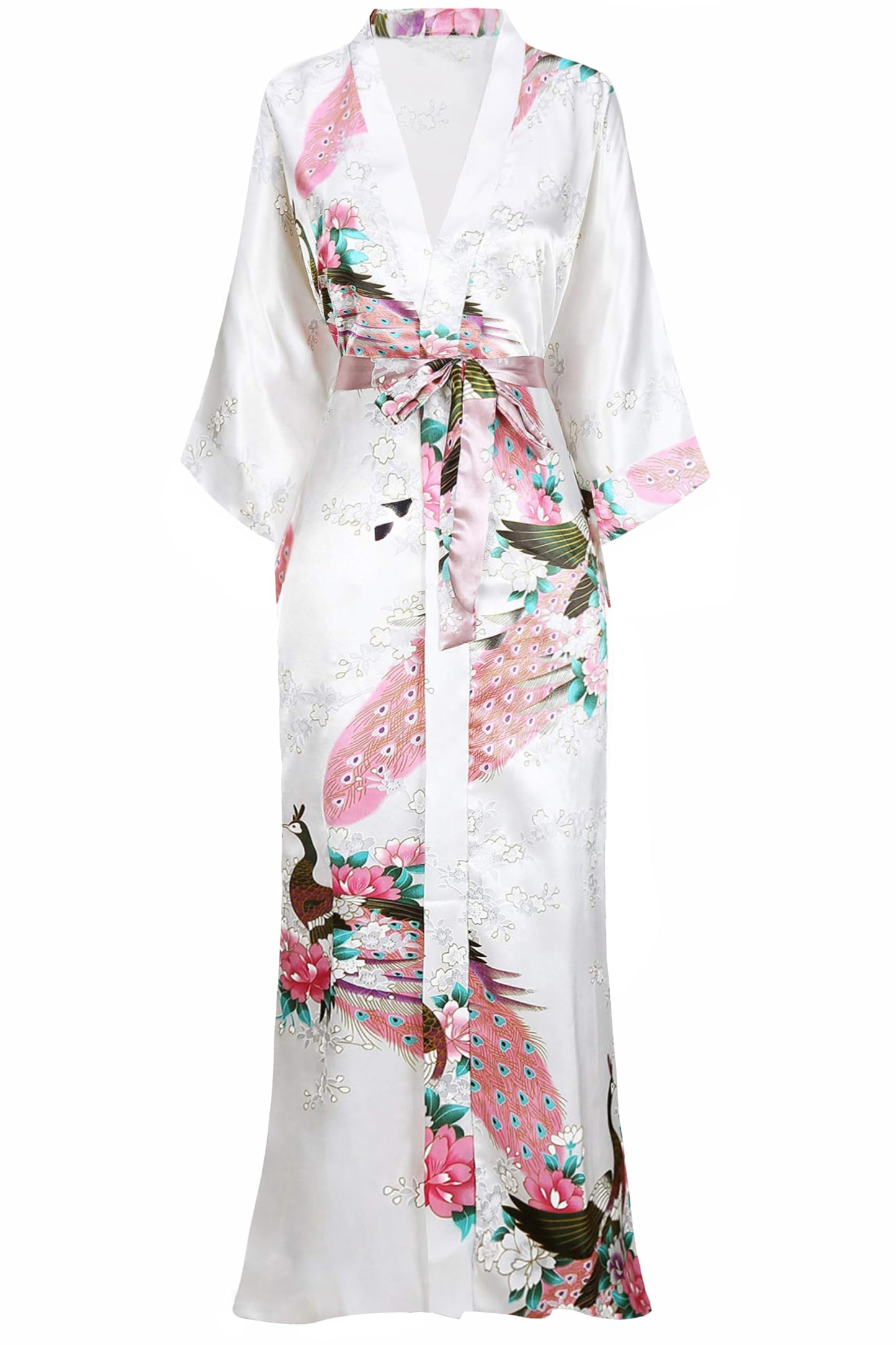 BABEYOND Women's Kimono Robe Long Satin Silky Robes with Peacock and Blossoms Printed Kimono Nightgown