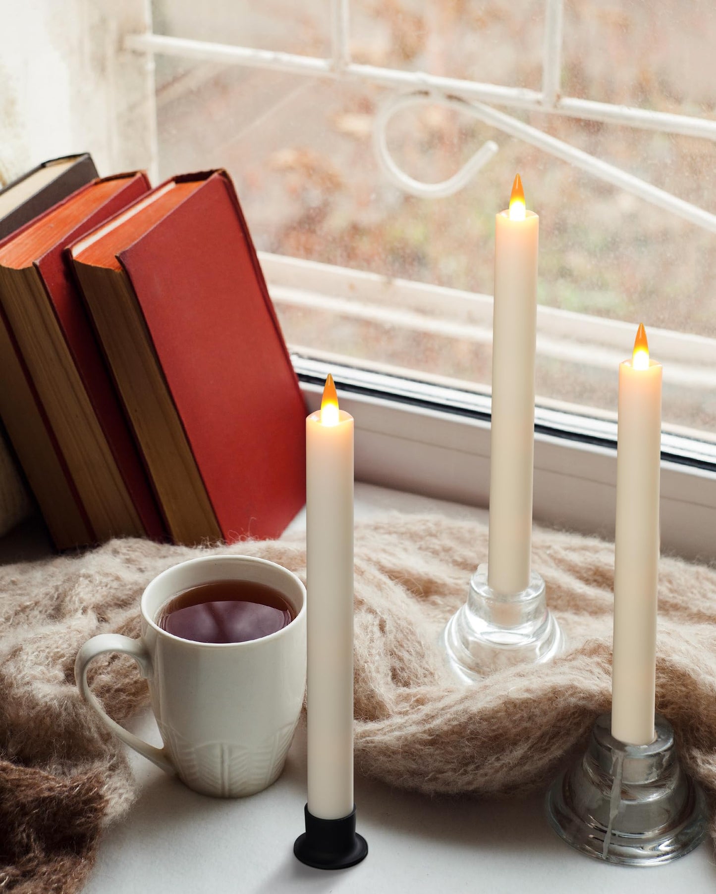 Da by 3 LED Flameless Table Candles with Remote Timer, 9.6 Inch Ivory Candle Holder, Battery Powered 3D Flickering False Flame Window Candle, Free 3 Black Bases