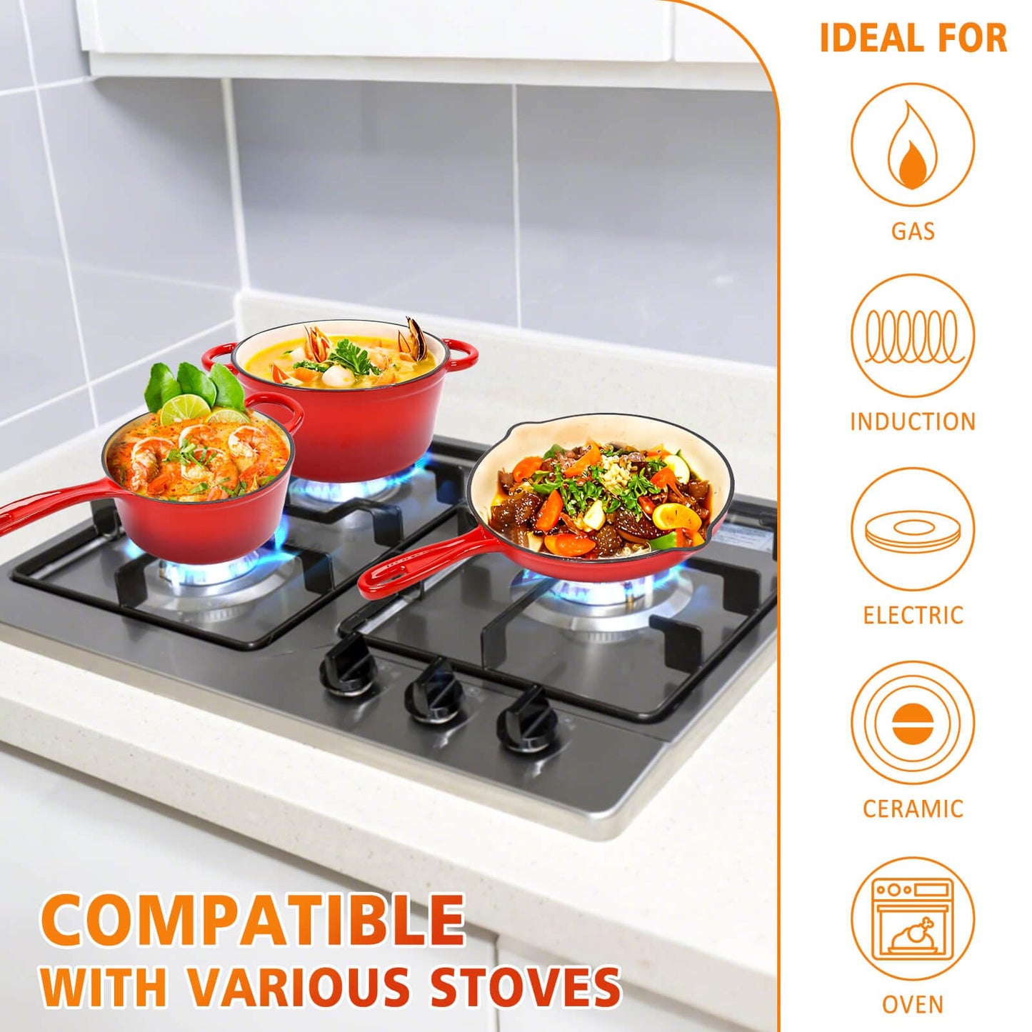 Hisencn Enameled Cast Iron Cookware Set - 5 Piece Set of Dutch Oven, Sauce Pan, Skillet, 2 Lids, Dutch Oven Set, Ceramic Coated Cast Iron, Heavy Duty, Gas/Induction Compatible, PFA Free, Rouge Red