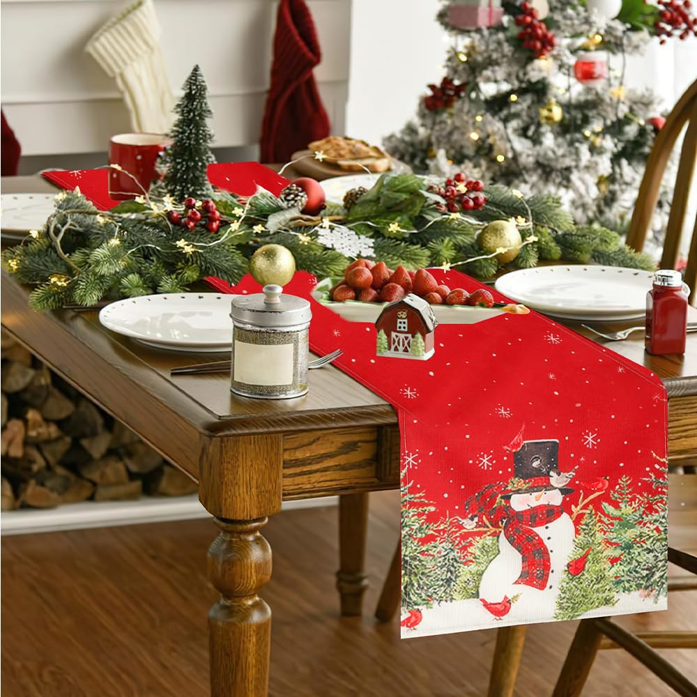 Christmas Table Runner, Christmas Decorations, Christmas Table Runners for Table, Snowman Trees Snowflakes Winter Table Runner Christmas Table Decorations for Christmas Holiday Home Decor, 13x72 Inch