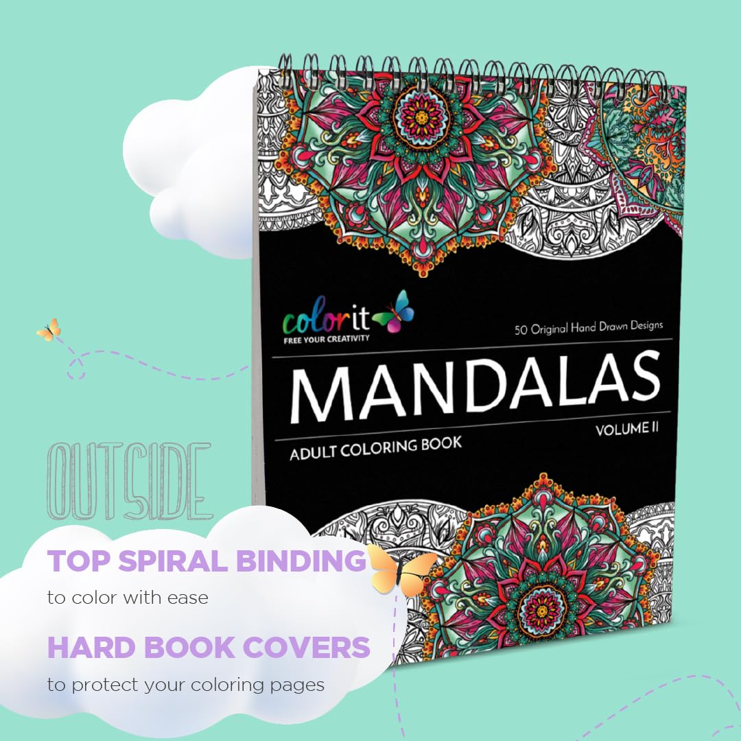 Mandalas II Adult Coloring Book - Features 50 Original Hand Drawn Designs Printed on Artist Quality Paper, Hardback Covers, Spiral Binding, Perforated Pages, Bonus Blotter