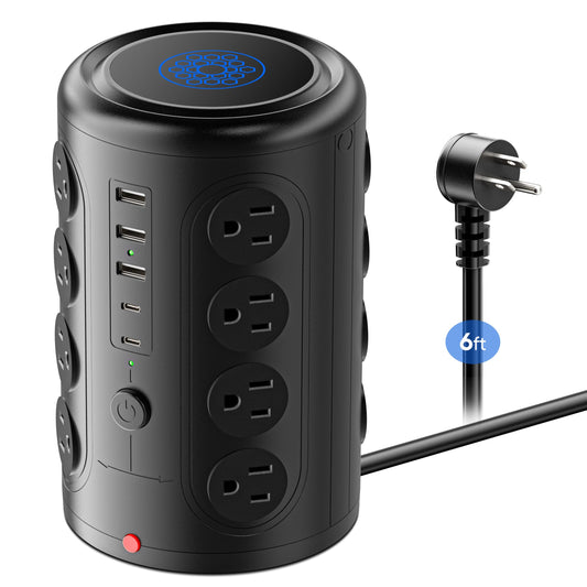 Heavy Duty Power Strip Tower with 16 Outlets and 5 USB Ports (2 USB-C), TenTrend 1500J Surge Protector with Multiple Outlets, 6 FT Extention Cord for Home Office Desk, Dorm Room Essentials Black