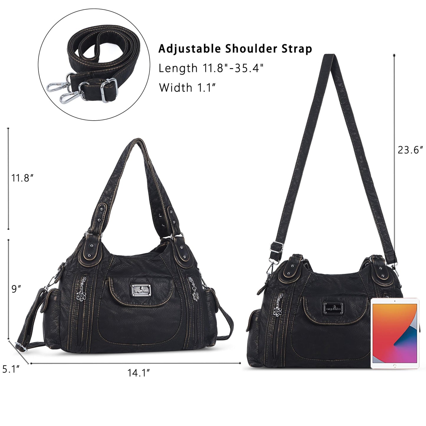 Angel Kiss Women Handbags Shoulder Bags Washed Leather Satchel Tote Bag Mutipocket Hobo Purse