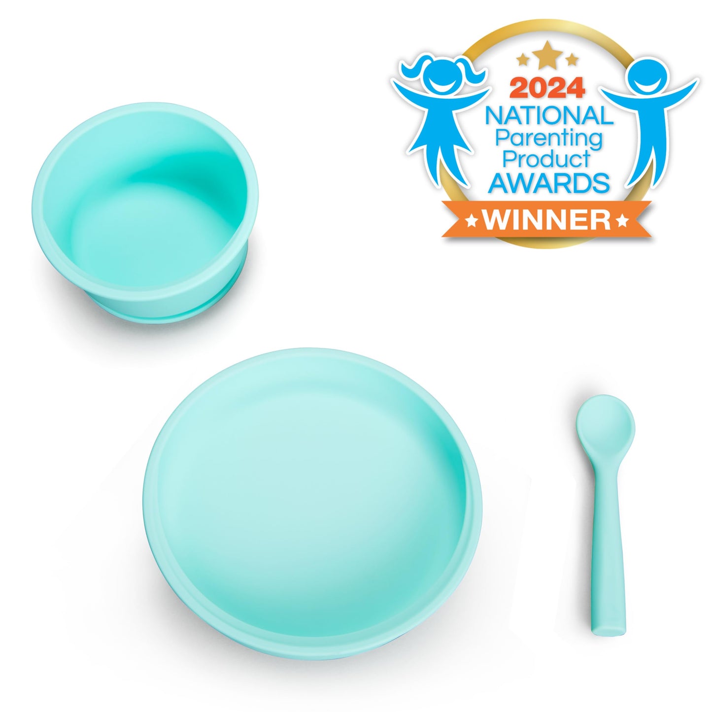 Munchkin Silicone Baby Feeding Set, Toddler Suction Bowl, Plate and Spoon, Baby Led Weaning and Infant Self Feeding, C’est Silicone!™ Mealtime Set, 4 Months and Up, BPA Free, Mint