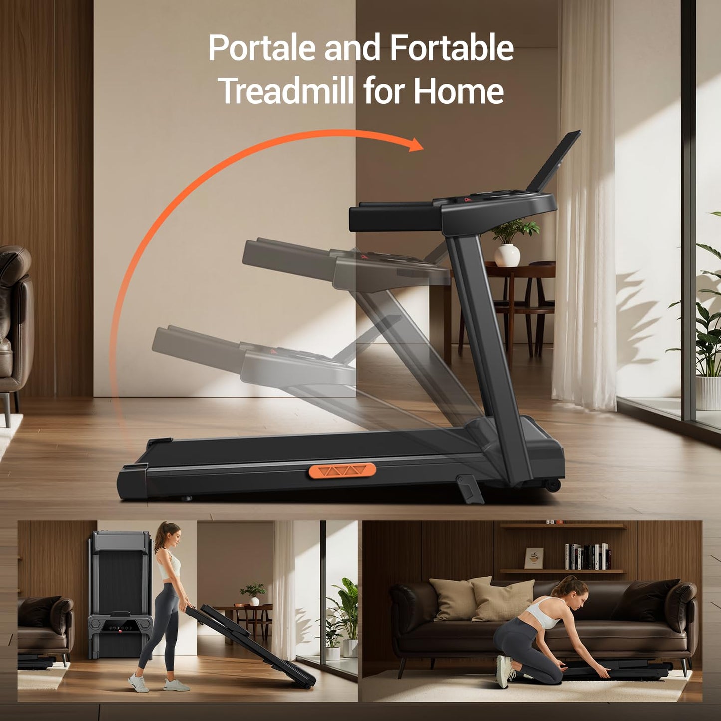 12% Incline Treadmill with Handle, 3-in-1 Portable Treadmills for Home and Office, Foldable Treadmills with 300 Lbs Weight Capacity, 3.0HP Quiet Walking Pad Treadmill, Three Touch Screen