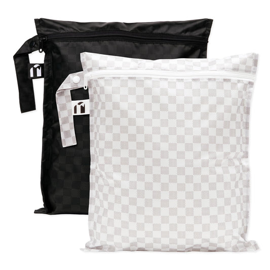 Bumkins Roamio - Waterproof Wet Bag - For Baby, Travel, Swim Suit, Cloth Diapers, Pump Parts, Pool, Gym, Toiletry, Strap to Stroller - Reusable & Easy to Clean - 2pk - Black Check & Off White