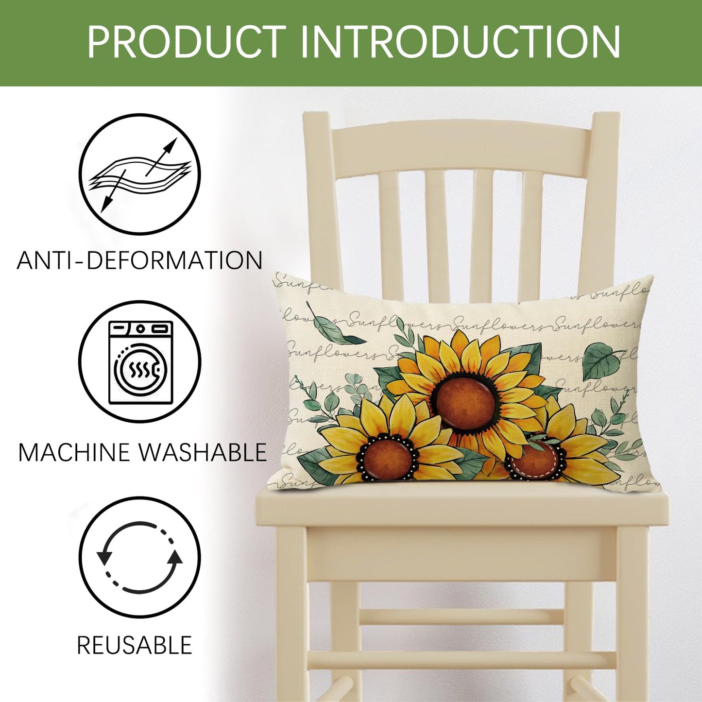Fjfz Spring Summer Sunflower Lumbar Decorative Throw Pillow Cover 12 x 20, Rectangular Floral Flower Eucalyptus Leaves Outdoor Home Decor, Fall Autumn Seasonal Couch Cushion Case