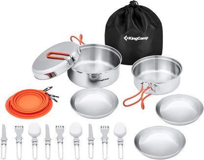 KingCamp Camping Cookware Mess Kit, 25pcs Backpacking Gear Cooking Equipment, Lightweight Pots and Pans with Folding Knife and Fork Set for 3-4 Person