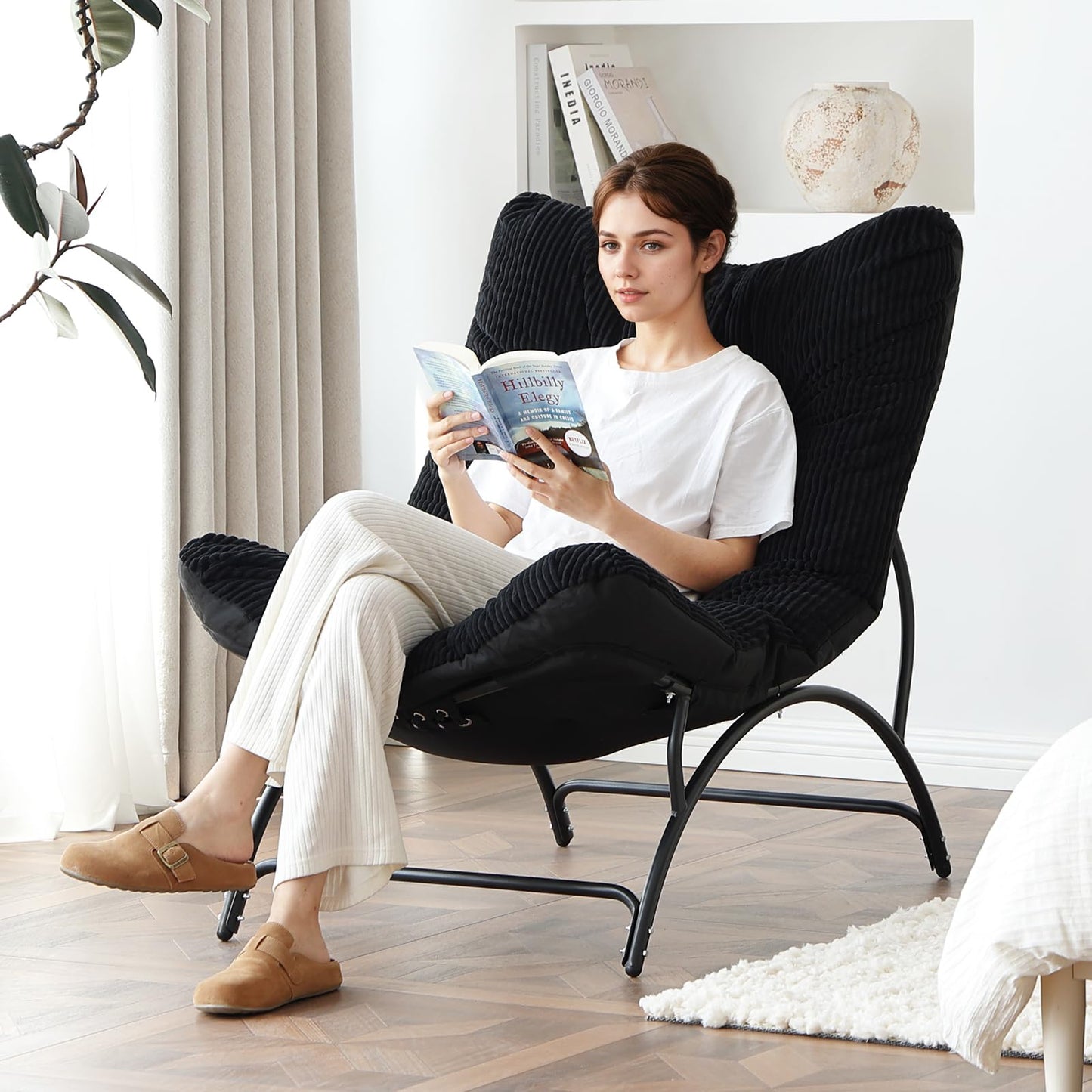 Welnow Accent Lounge Lazy Chair, Comfy Soft Leisure Metal Frame Reading Chair, Upholstered Thick Cushion Seated Recliner Sofa for Living Room, Bedroom, Dorm, Black