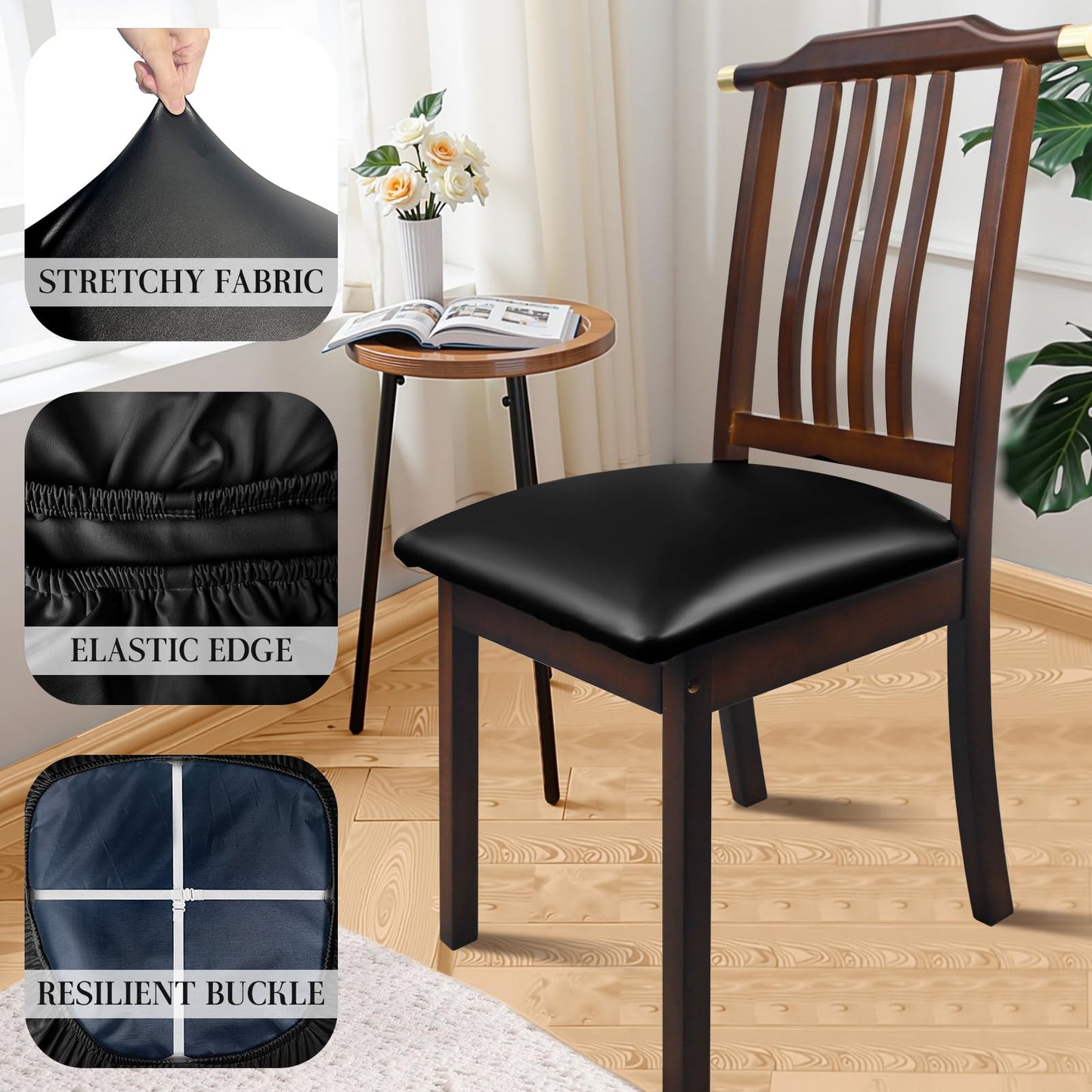 Lufyzora Pu Leather Dining Chair Seat Covers Set of 4, Waterproof Dining Seat Covers Stretch Chair Covers for Dining Chairs/Kitchen Room/Hotel, Odorless Seat Covers for Kitchen Chairs (Black - 4 PCS)