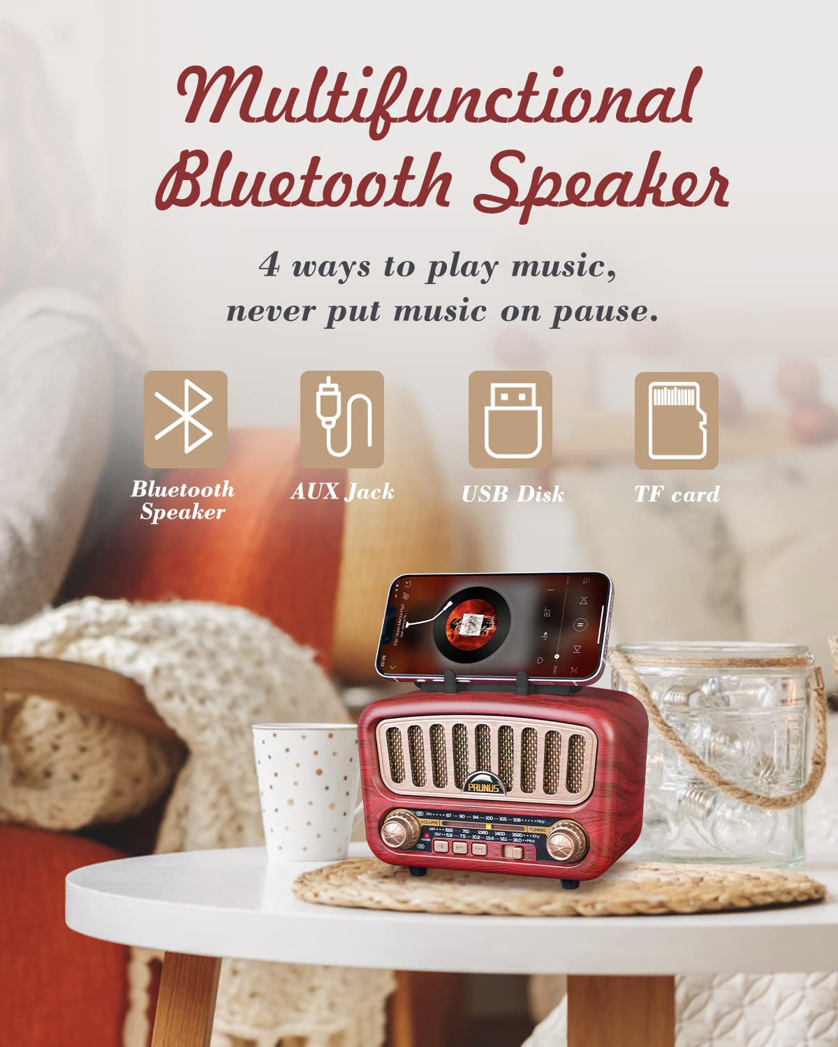 PRUNUS J-180 Vintage Retro Radio Bluetooth Speaker with Stereo Sound, AM FM Radio Portable with Loud Volume, BT5.0, TF Card & MP3 Player, Rechargeable Speaker