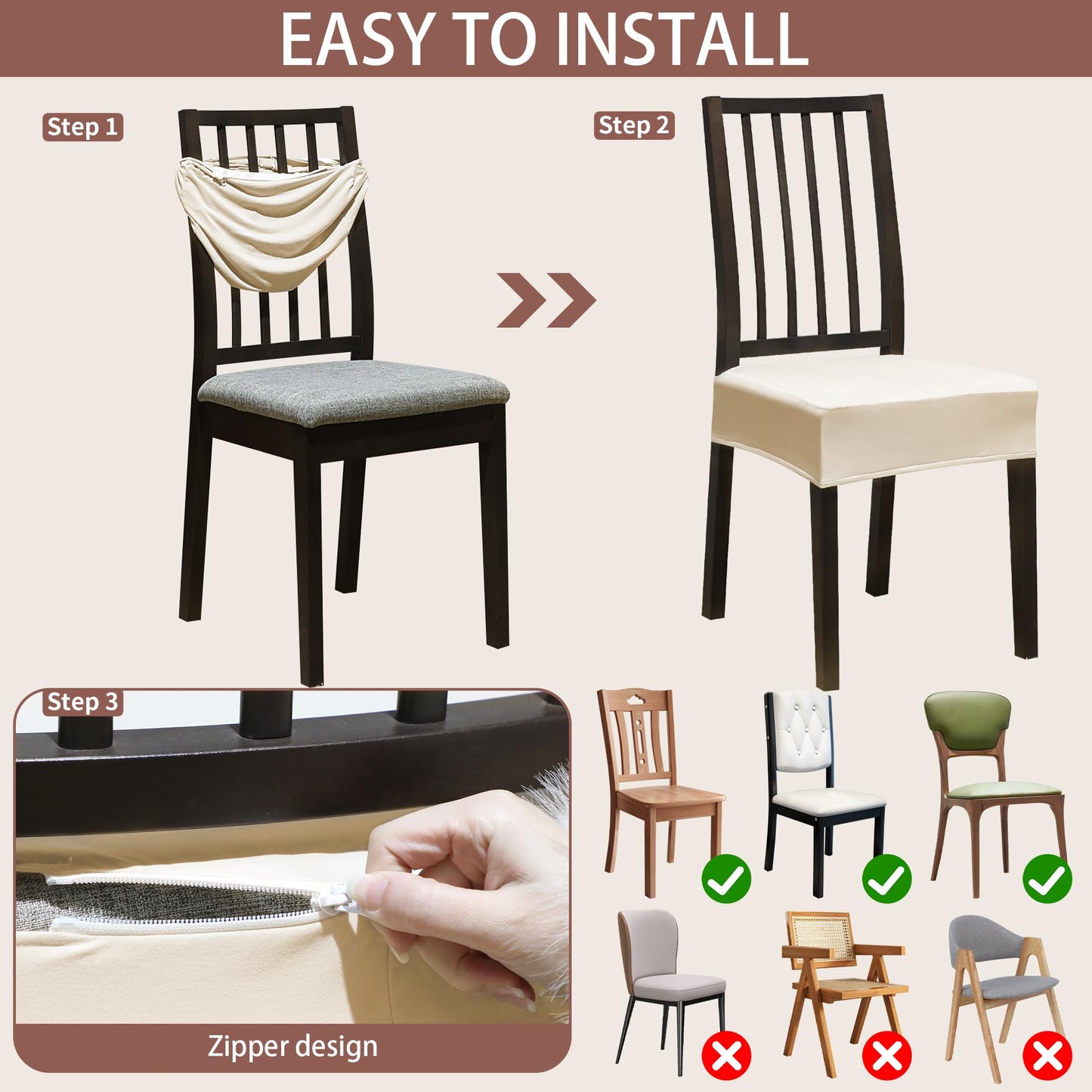 DREAHOTEXTIL Dining Chair Covers,Seat Covers for Dining Room Chairs Set of 4,Stretch Kitchen Chair Covers,Removable Washble Dining Room Chair Seat Cover,Chair Slipcovers Protector (Beige,with Zipper)