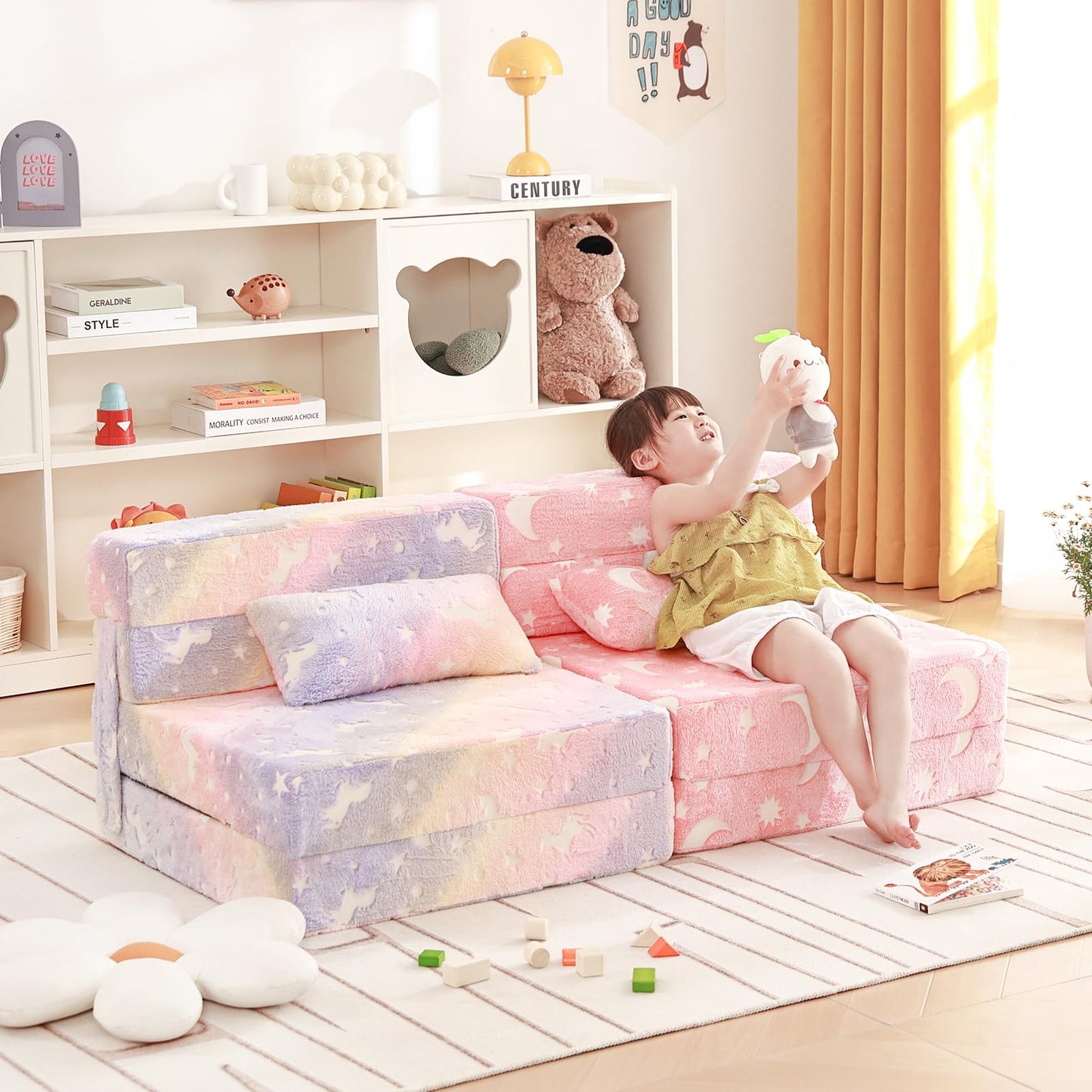 Givjoy Folding Sofa Bed Floor Mattress for Kids with Pillow, Toddler Washable Folding Floor Nap Mat Futon, Child Fold Up Sofa Chair Bed with Storage Bag for Girls and Boys