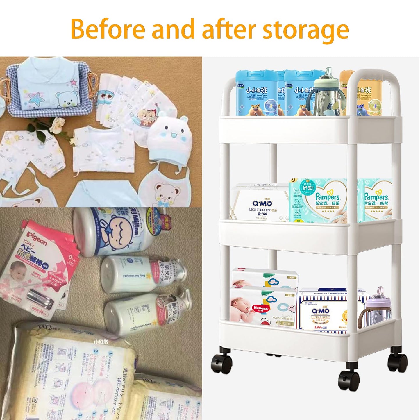 Baby Diaper Caddy, Plastic Movable Diaper Cart with Wheels Newborn Nursery Essentials Baby Diapers Organizer for Changing Table & Crib, Easy to Assemble, White