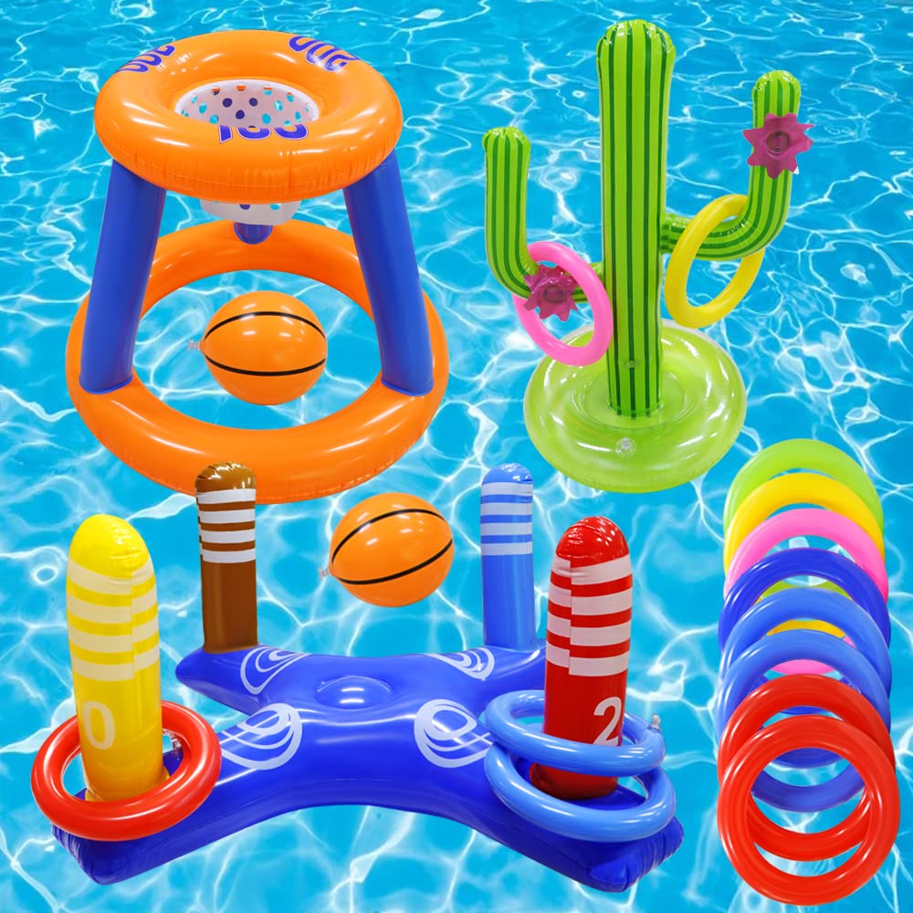 Pool Toys Games Set,Pool Basketball Hoop Inflatable Cross Ring Toss Game and Inflatable Cactus Kids for Teens Adults and Family (3 Set Water Toys)