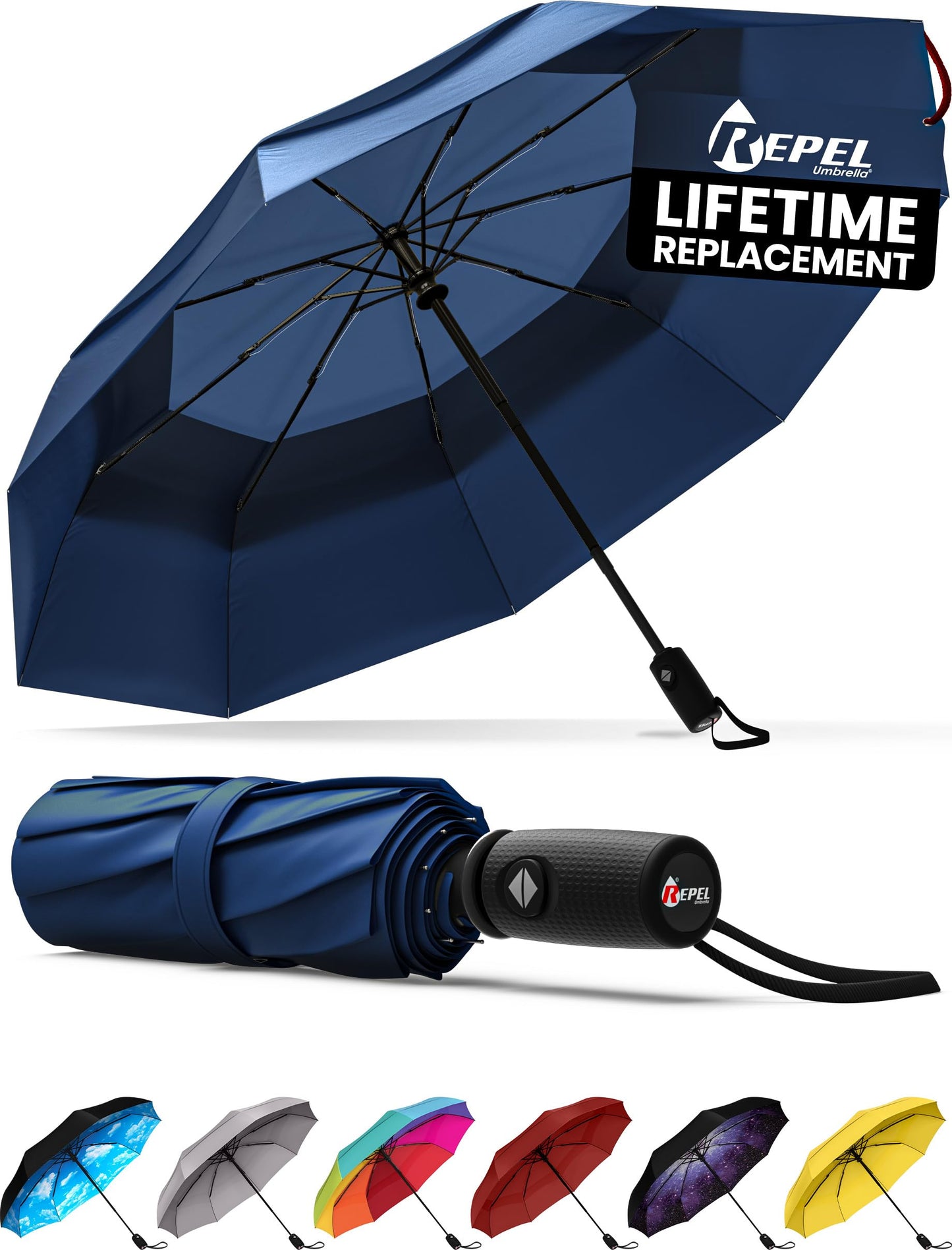 Repel Umbrella - Windproof Travel Umbrellas for Rain - Engineered to Withstand 85MPH Winds, <1lb - Lightweight, Durable, Compact, Waterproof, Auto Open Close, Fiberglass Frame
