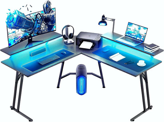 HLDIRECT 51 Inch L Shaped Gaming Desk with Monitor Stand and LED Lights, Corner Computer Desk with Carbon Fiber Surface, PC Gaming Table for Home Office Writing Workstation, Easy to Install, Black